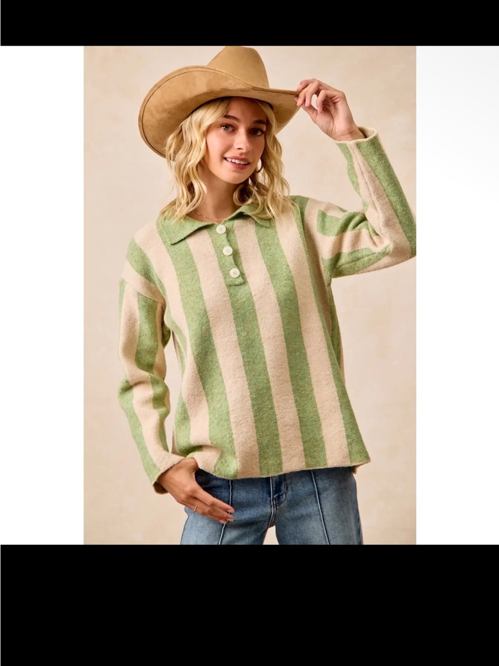 Bibi Striped Olive Green and Cream Polo-Style Knit Sweater